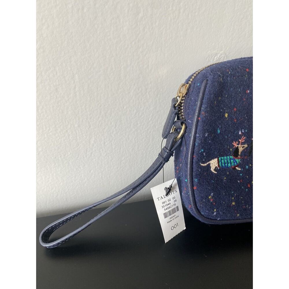 NWT Talbots Party Animals Navy Speckled Small Wristlet Christmas Embroidered Bag - Picture 3 of 7